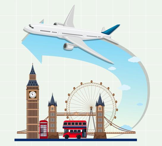 England landmarks with airplane vector