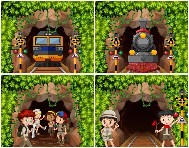 Set of camping kids exploring nature vector