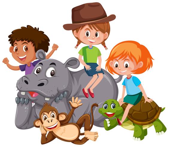 Isolated kids with wild animals vector