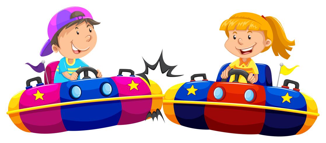 Niño y niña jugando bump cars vector