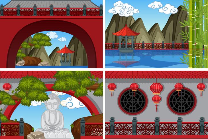 Four scenes of chinese temple with red walls vector