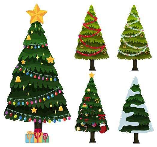 Cinco arboles de navidad con adornos. vector