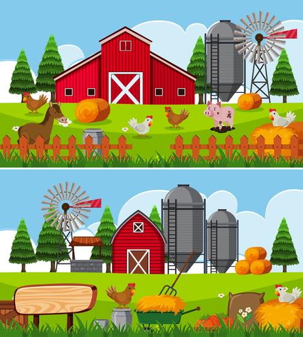 Dos escenas de granja con muchos animales. vector