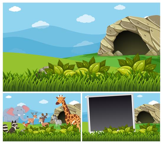 Nature scenes with wild animals by the cave vector