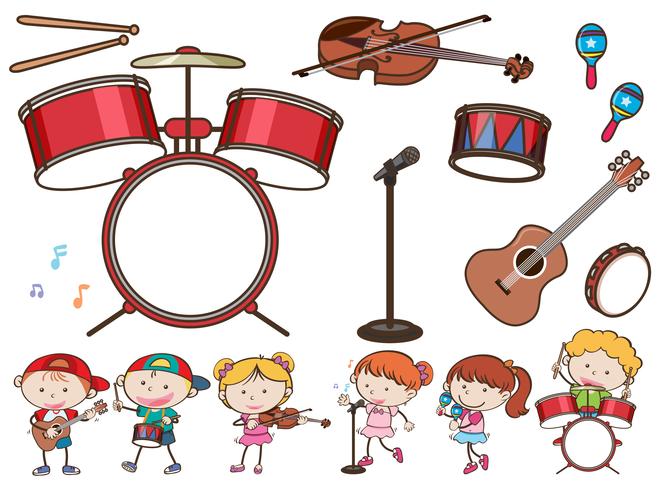 Diferentes instrumentos musicales y niños. vector