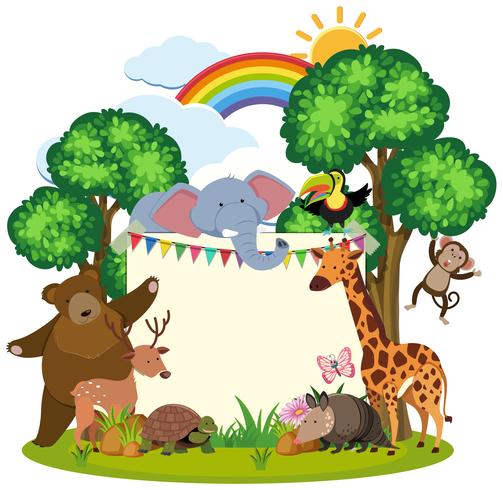 Border template with cute animals in garden vector