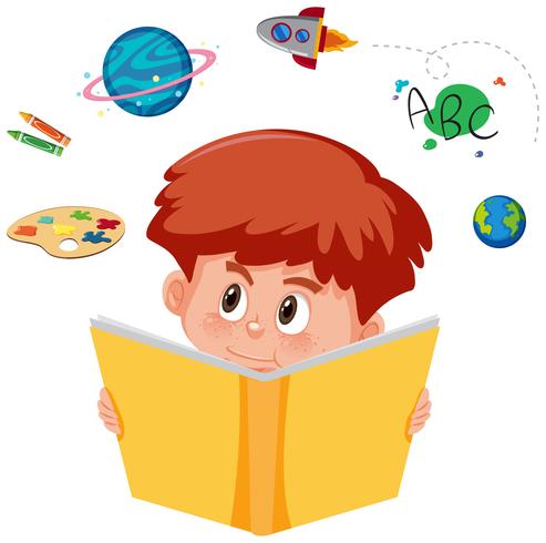 Young boy reading a book with imagination vector