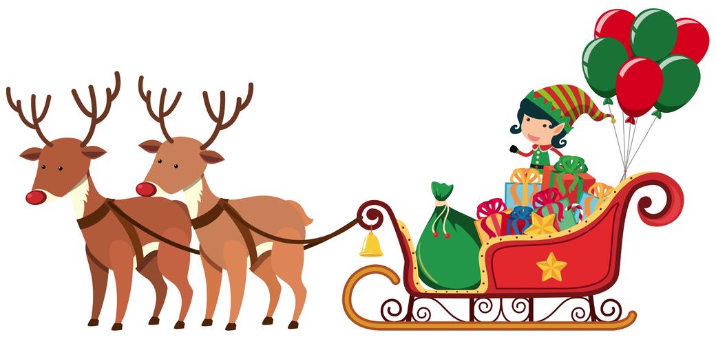 Elf riding on sledge with two reindeers vector