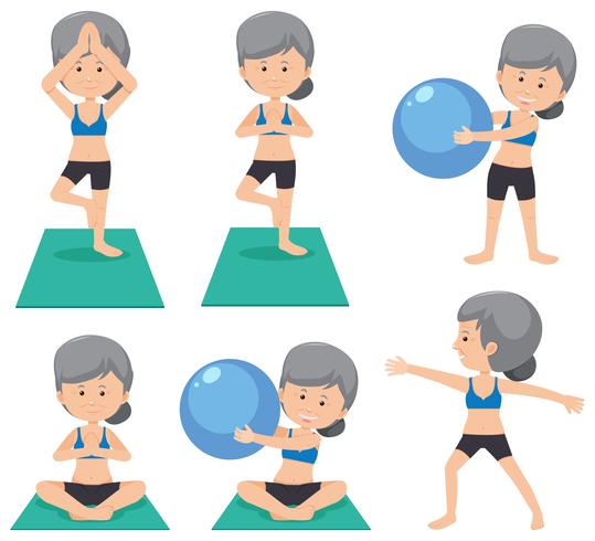 Elderly lady doing different excercise vector