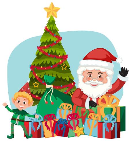 Santa claus and gift with elf helper vector