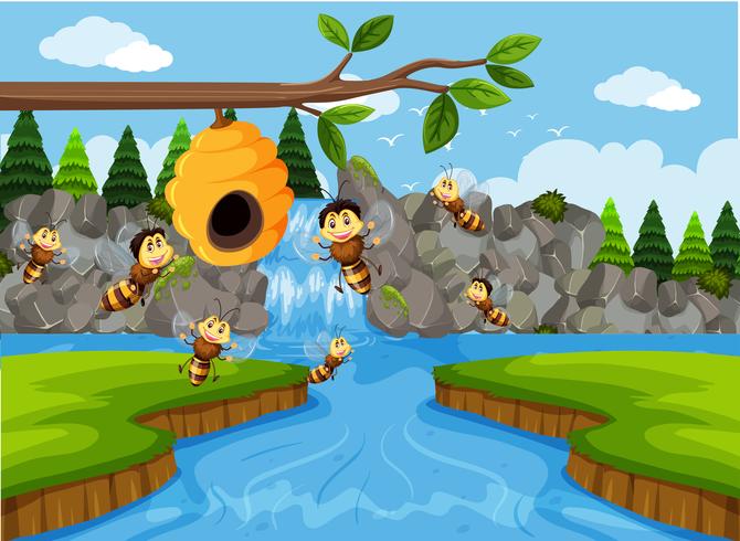 Beehive in waterfall scene vector