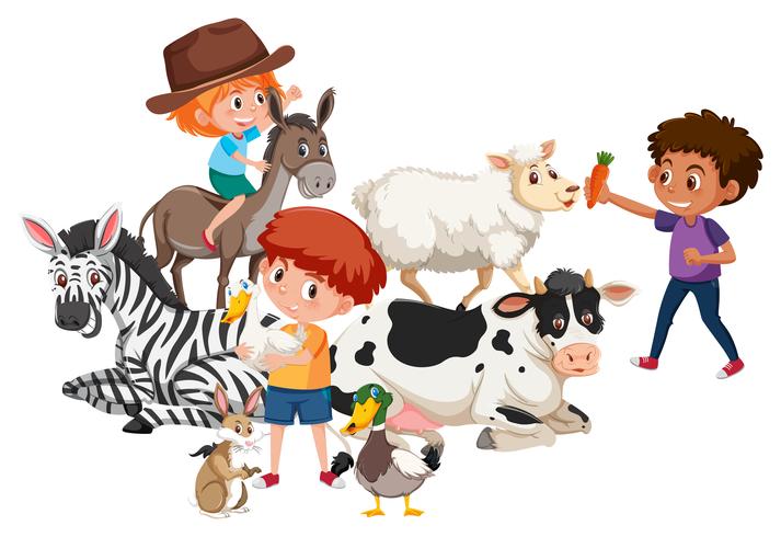 Los niños y muchos animales. vector