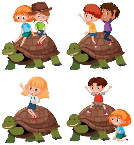 Set of kid riding turtle vector