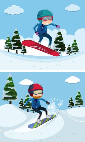 Dos escenas con personas haciendo snowboard. vector