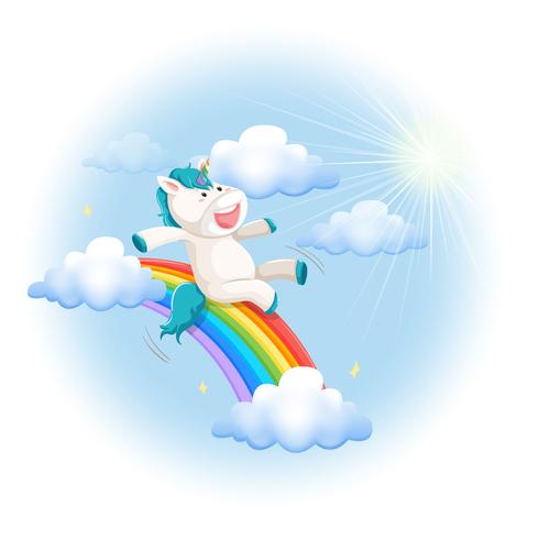 Una diapositiva feliz del unicornio en el arco iris vector