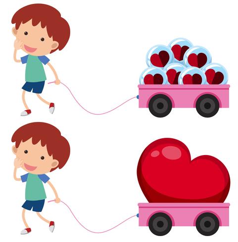 Niño con vagones rosas con forma de corazón. vector