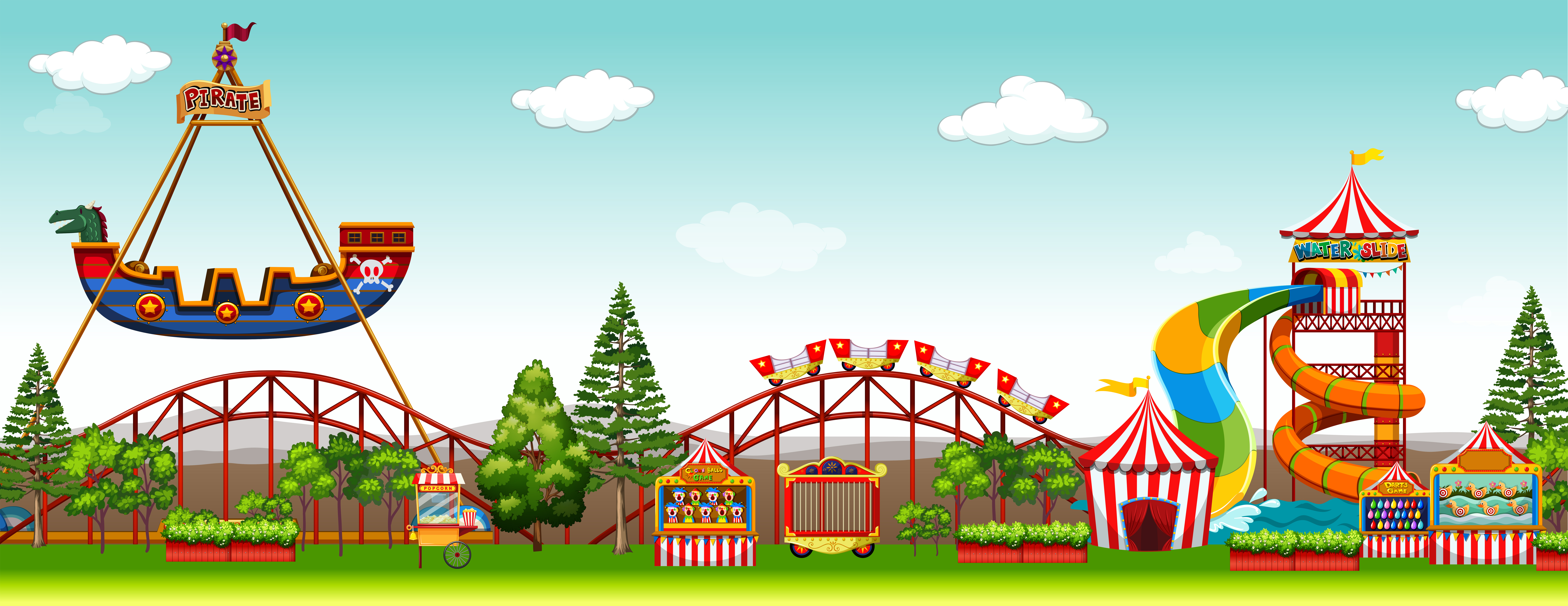 Amusement park scene with rides 614522 Vector Art at Vecteezy