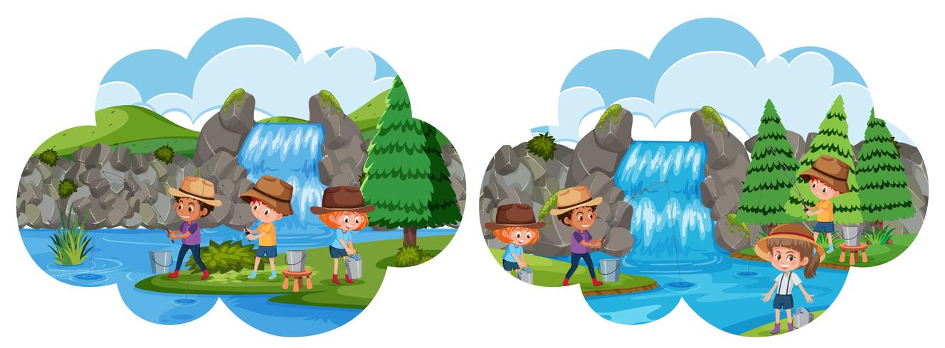 Set of people fishing scenes vector