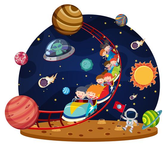 Children riding space roller coaster vector