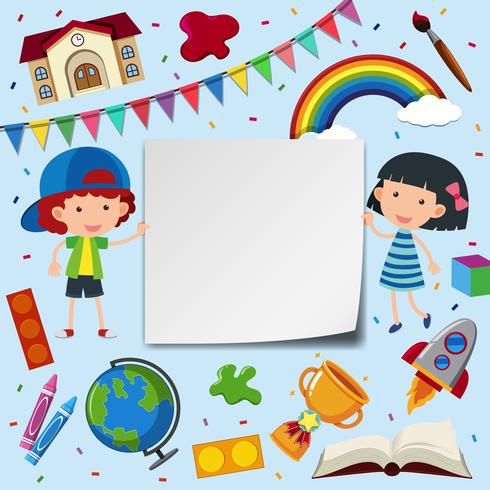 Two kids and frame template with school items vector