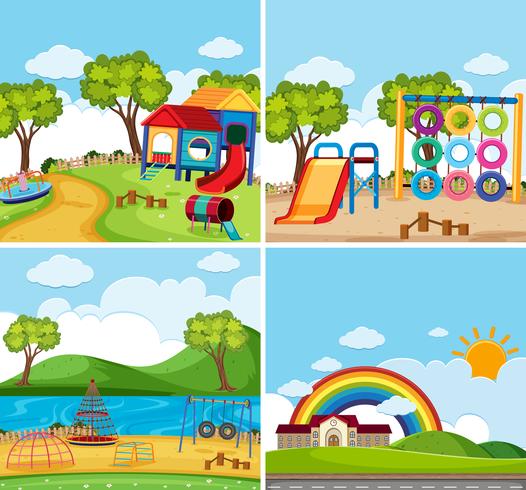 Cuatro escenas de fondo con parque infantil en el parque. vector