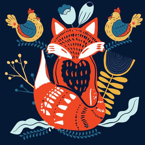 Scandinavian folk art pattern with foxes and flowers  vector