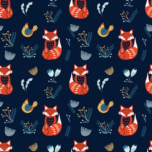 Scandinavian folk art pattern with foxes and flowers  vector