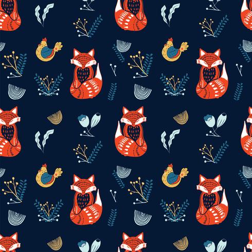 Scandinavian folk art pattern with foxes and flowers  vector