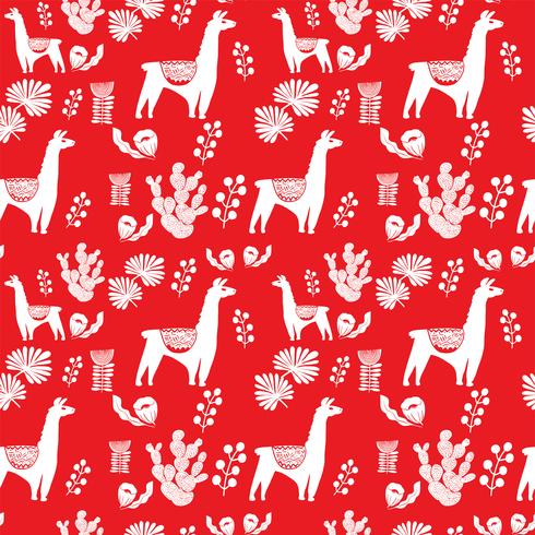 Illustration with llama and cactus plants. Vector seamless pattern on botanical background. Greeting card with Alpaca. Seamless pattern