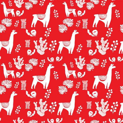 Illustration with llama and cactus plants. Vector seamless pattern on botanical background. Greeting card with Alpaca. Seamless pattern