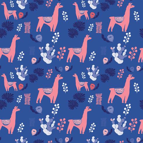Illustration with llama and cactus plants. Vector seamless pattern on botanical background. Greeting card with Alpaca. Seamless pattern