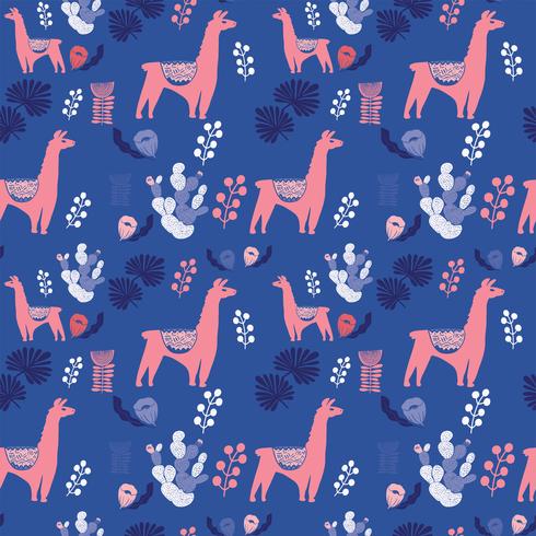 Illustration with llama and cactus plants. Vector seamless pattern on botanical background. Greeting card with Alpaca. Seamless pattern