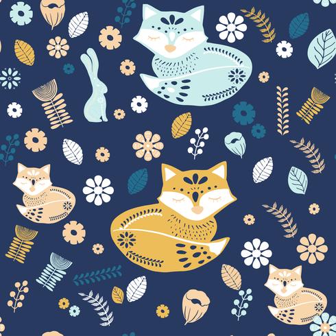 Scandinavian folk art pattern with foxes and flowers  vector