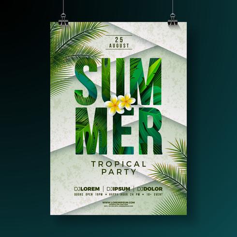 Vector Summer Party Flyer Design with Flower and Tropical Palm Leaves on Abstract Background. Summer Holiday Illustration with Exotic Plants and Typography Letter for Banner, Flyer, Invitation or Poster.