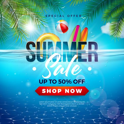 Summer Sale Design with Beach Holiday Elements and Exotic Leaves on Underwater Blue Ocean Background. Tropical Floral Vector Illustration with Special Offer Typography for Coupon