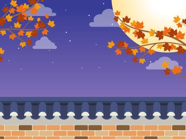 Mid Autumn FestivalChuseok - Korean style stone wall fence with  maple tree and full moon on background vector