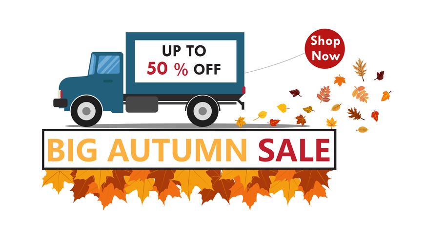 Vector illustration of autumn for sale banner background template with truck 