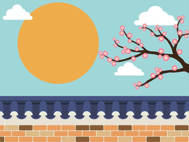 Cerca de la pared de piedra de estilo japonés con el árbol de sakura en el fondo vector