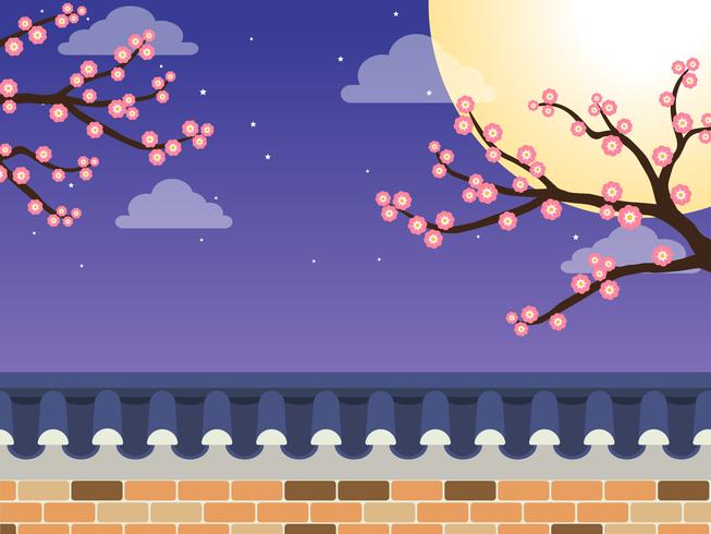 Mid Autumn FestivalChuseok - Korean style stone wall fence with  maple tree and full moon on background vector