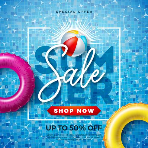 Summer Sale Design with Typography Letter and Float on Water in the Tiled Pool Background. Vector Vacation Illustration with Special Offer Typography for Coupon