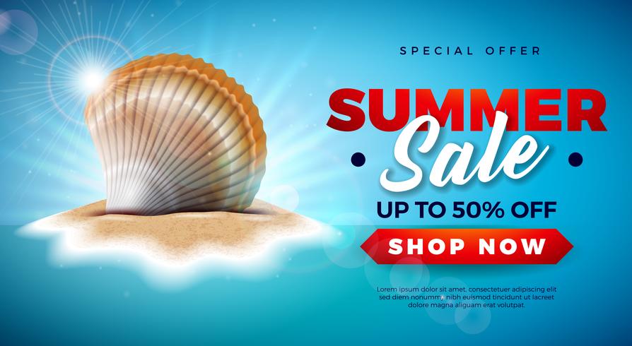 Summer Sale Design with Shell on Tropical Island Background. Vector Special Offer Illustration with Blue Ocean Landscape for Coupon