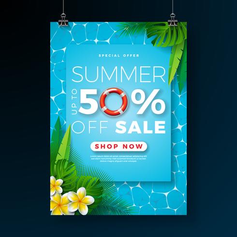 Summer Sale Poster Design Template with Flower, Beach Holiday Elements and Exotic Leaves on Pool Background. Tropical Floral Vector Illustration with Special Offer Typography for Coupon