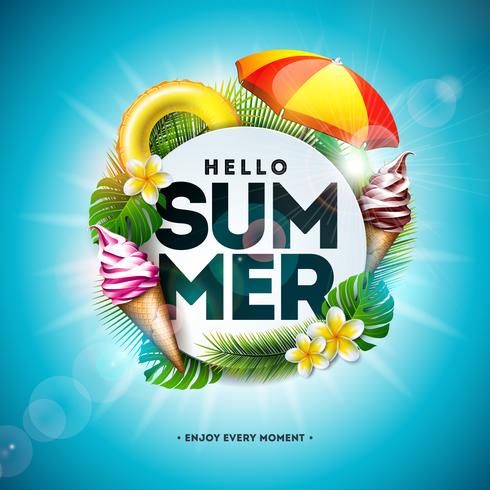 Vector Summer Holiday Illustration with Flower and Tropical Palm Leaves on Ocean Blue Background. Typography Letter, Lifebelt, Beach Ball and Surf Board on Paradise Island