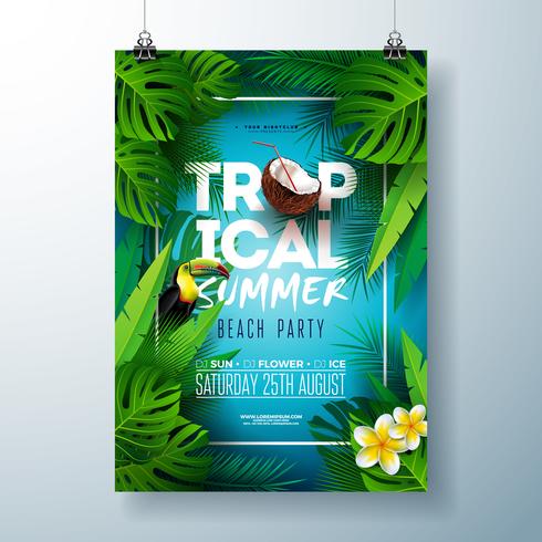 Diseño tropical del aviador del partido de la playa del verano con la flor, el coco, las hojas de palma y el pájaro del tucán en fondo azul. Vector de plantilla de diseño de celebración de verano con elementos florales de naturaleza