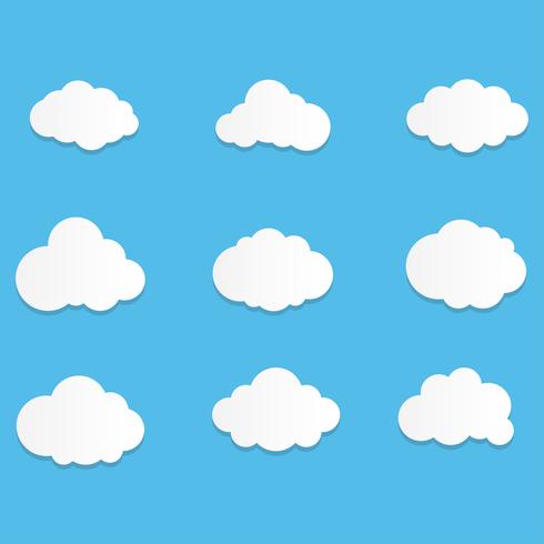 Set of Cloud Icons with flat style in blue sky background vector