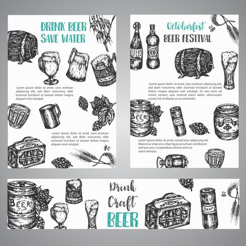 Beer hand drawn illustration Set of brochures with collection of vintage brewery sketched vector symbols October fest banner