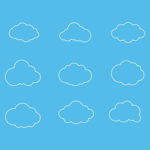 Conjunto de iconos de contorno de nube. Ejemplo del vector del símbolo de las nubes en fondo del cielo azul.