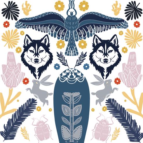 Scandinavian folk art wolf pattern with birds and flowers  vector
