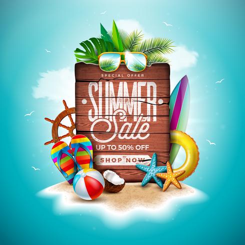 Summer Sale Design with Exotic Palm Leaves and Vintage Wood Board on Tropical Island Background. Vector Holiday Special Offer Illustration with Beach Ball and Flower