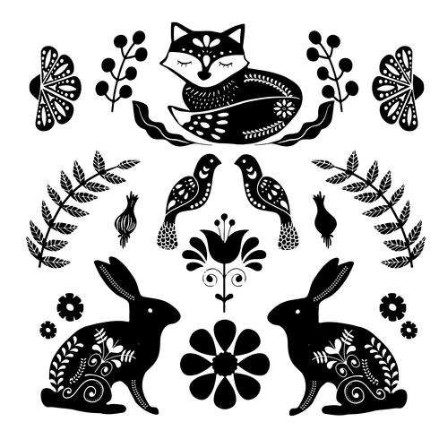 Scandinavian folk art pattern with birds and flowers  vector